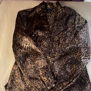Rafaella Satin Leopard Print Button Pleated V-Neck Blouse Long Sleeve S
